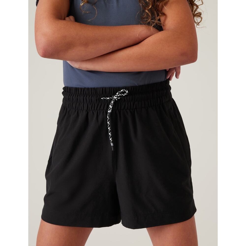 Athleta Girl Play More Shorts S 7 Black Zip Pockets Drawstring Side Slits Logo